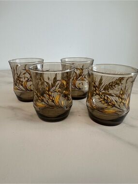 Set of 4 Vintage 1970’s Libbey Amber Wheat Patterned Smoky Glass Juice Glasses